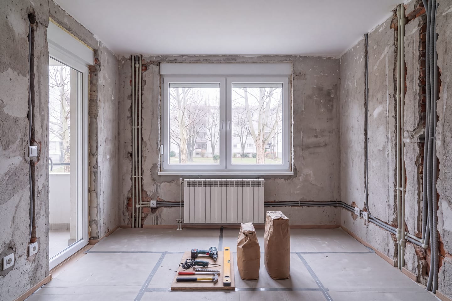 Stan tijekom adaptacije, ogoljeni zidovi s utorima za instalacije, nove cijevi i kabeli u utorima, alat i vreće materijala na betonskom podu