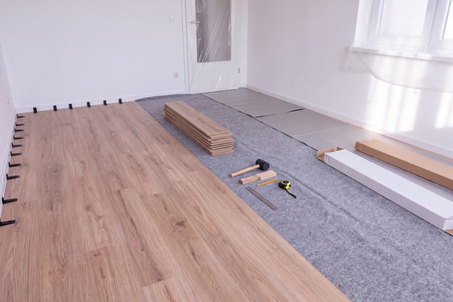 Soba tijekom postave laminata, dio poda položen, podloga i nekoliko dasaka na podu uz alat i distancere uz zid