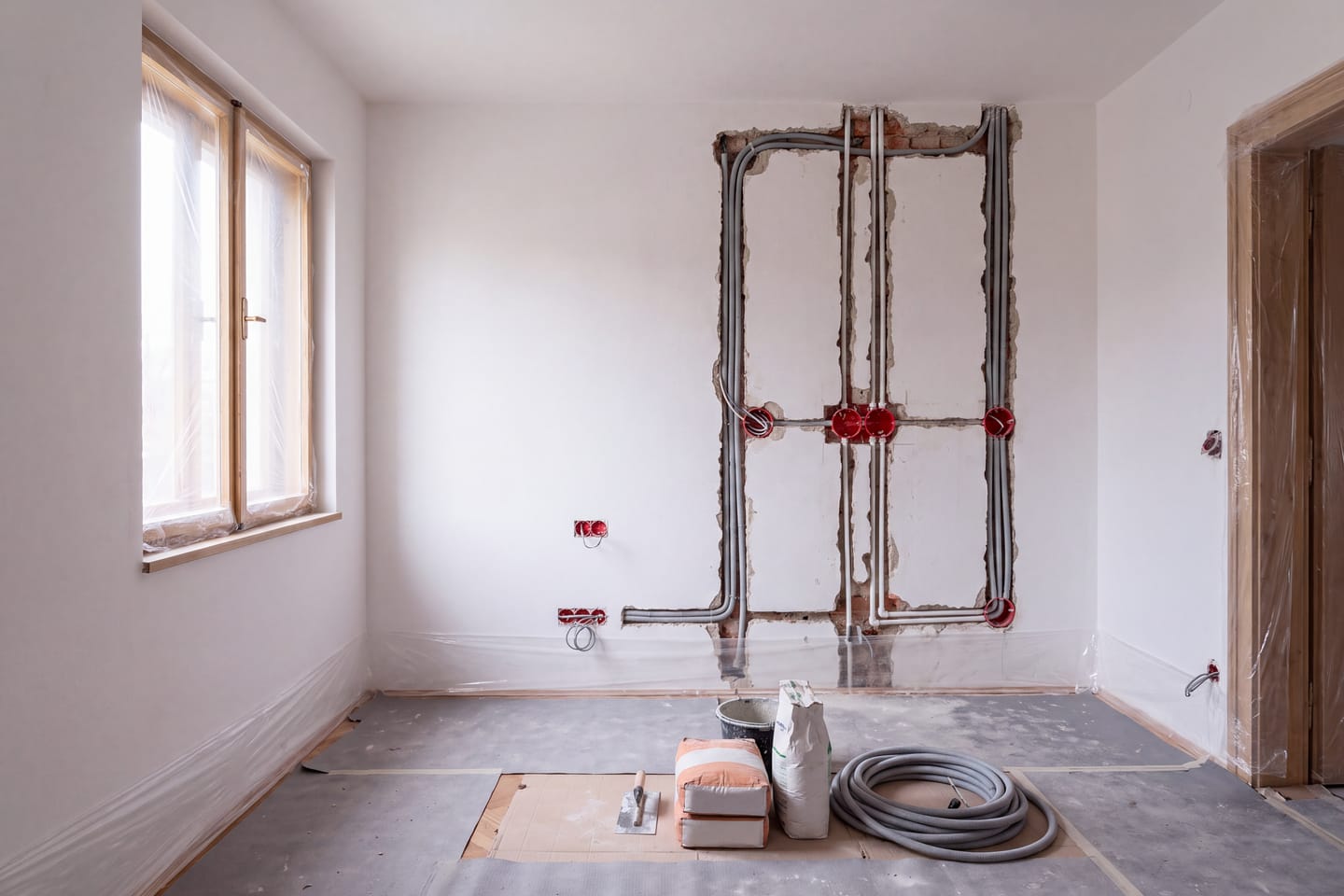 Zid tijekom zamjene instalacije, izdubljeni utori s instalacijskim cijevima i razvodnim kutijama, još nezatvoreni, pod zaštićen folijom